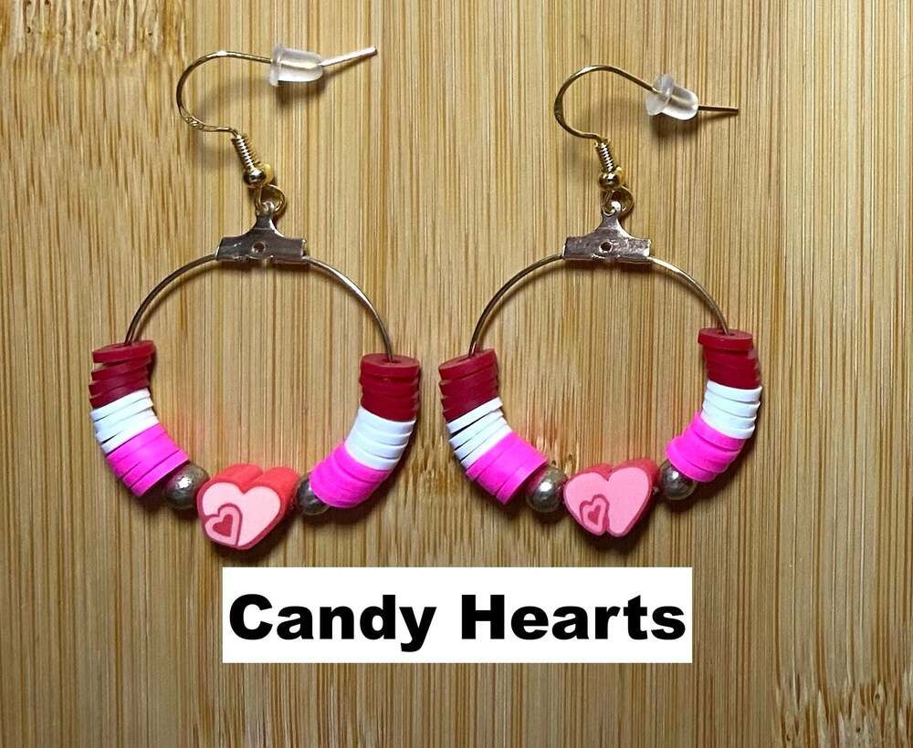 Valentine’s Day Candy Hearts Heishi Clay Bead Hoop Earrings